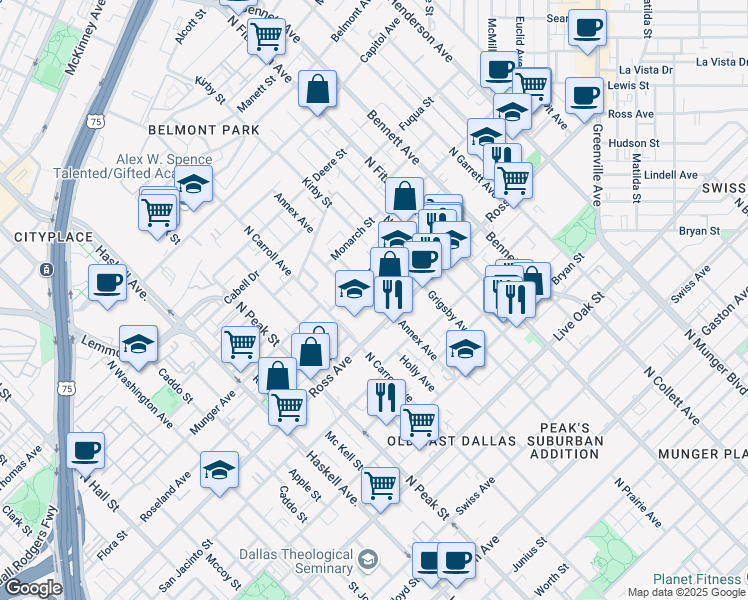 map of restaurants, bars, coffee shops, grocery stores, and more near 4604 Munger Avenue in Dallas