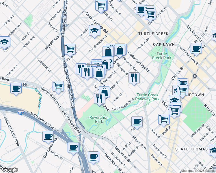 map of restaurants, bars, coffee shops, grocery stores, and more near 2626 Welborn Street in Dallas