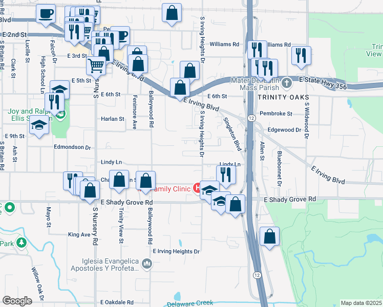map of restaurants, bars, coffee shops, grocery stores, and more near 907 South Irving Heights Drive in Irving