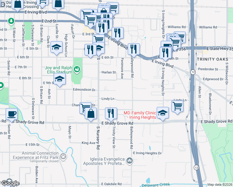 map of restaurants, bars, coffee shops, grocery stores, and more near 821 Balleywood Road in Irving