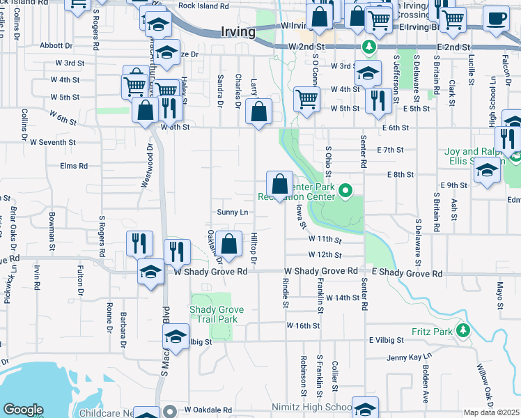 map of restaurants, bars, coffee shops, grocery stores, and more near 600 Hilltop Pointe in Irving