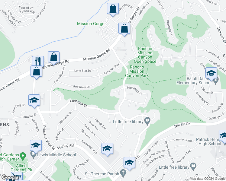 map of restaurants, bars, coffee shops, grocery stores, and more near 5848 Highplace Drive in San Diego
