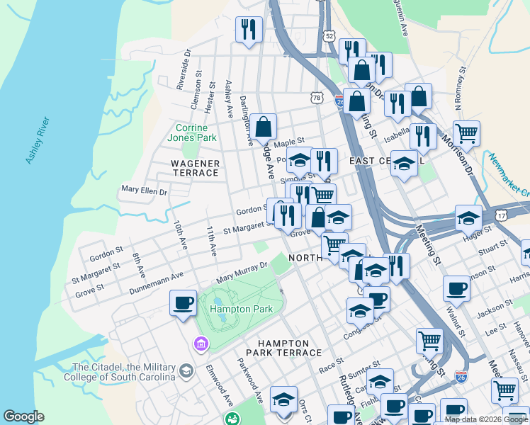 map of restaurants, bars, coffee shops, grocery stores, and more near 2 Gordon Street in Charleston