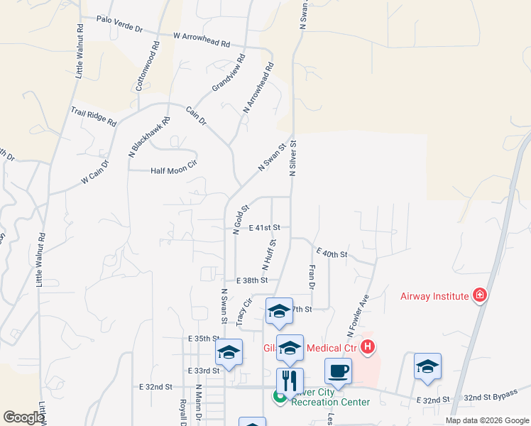 map of restaurants, bars, coffee shops, grocery stores, and more near 4133 Huff Street in Silver City