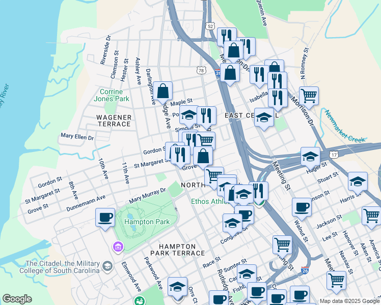 map of restaurants, bars, coffee shops, grocery stores, and more near 1015 King Street in Charleston
