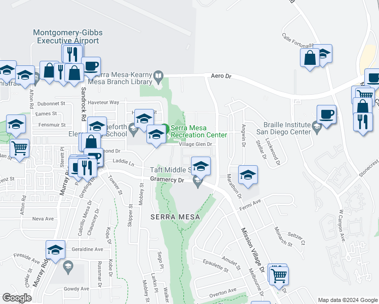 map of restaurants, bars, coffee shops, grocery stores, and more near 9109 Village Glen Drive in San Diego