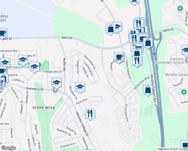 map of restaurants, bars, coffee shops, grocery stores, and more near 3396 Lockwood Drive in San Diego