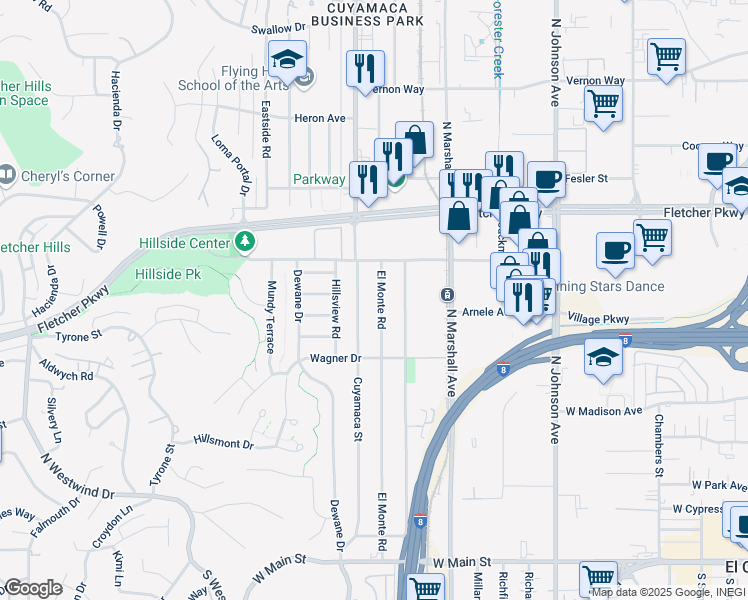 map of restaurants, bars, coffee shops, grocery stores, and more near 744 El Monte Road in El Cajon