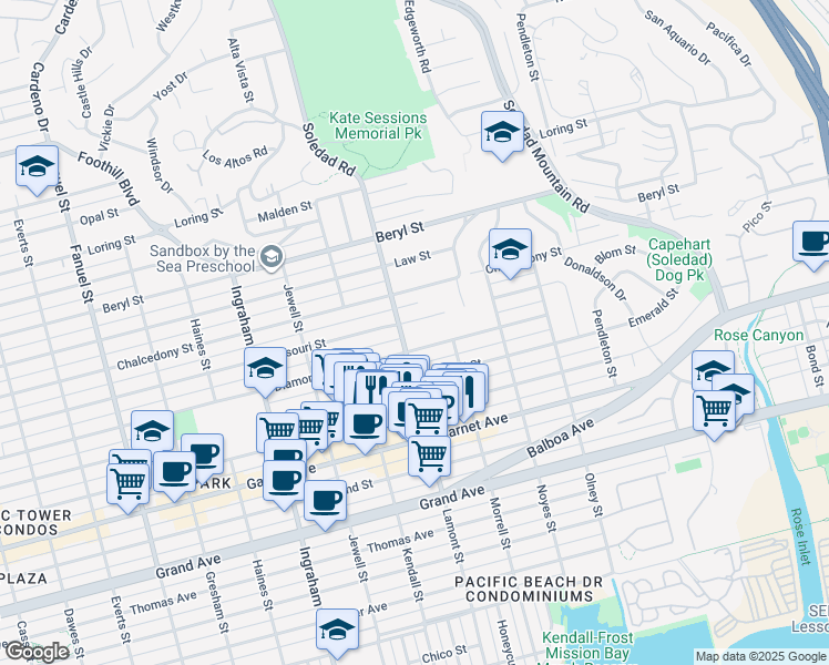 map of restaurants, bars, coffee shops, grocery stores, and more near 4721 Lamont Street in San Diego