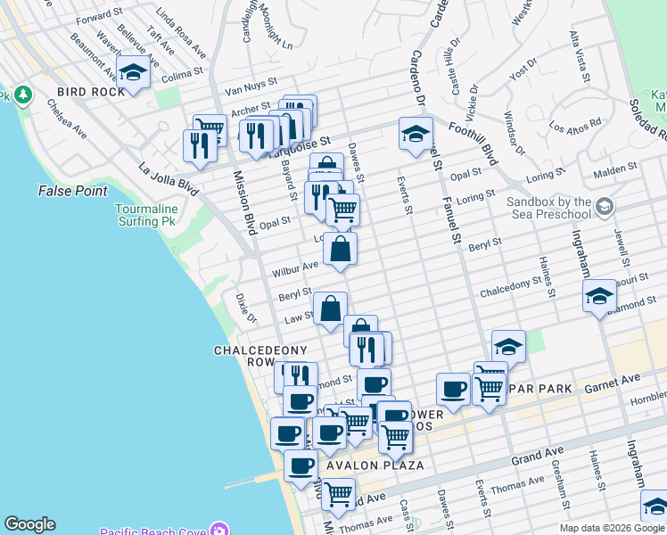 map of restaurants, bars, coffee shops, grocery stores, and more near 4944 Cass Street in San Diego