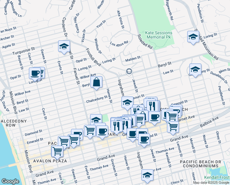 map of restaurants, bars, coffee shops, grocery stores, and more near 1530 Chalcedony Street in San Diego