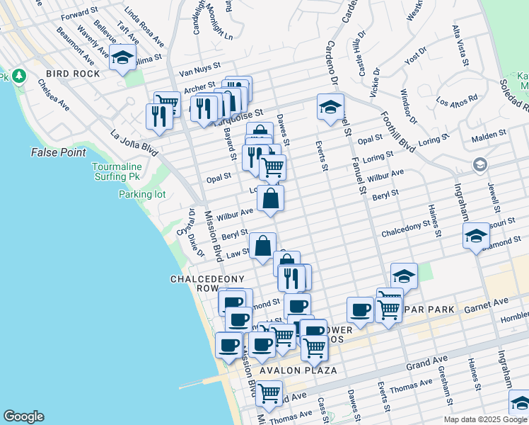 map of restaurants, bars, coffee shops, grocery stores, and more near 4944 Cass Street in San Diego