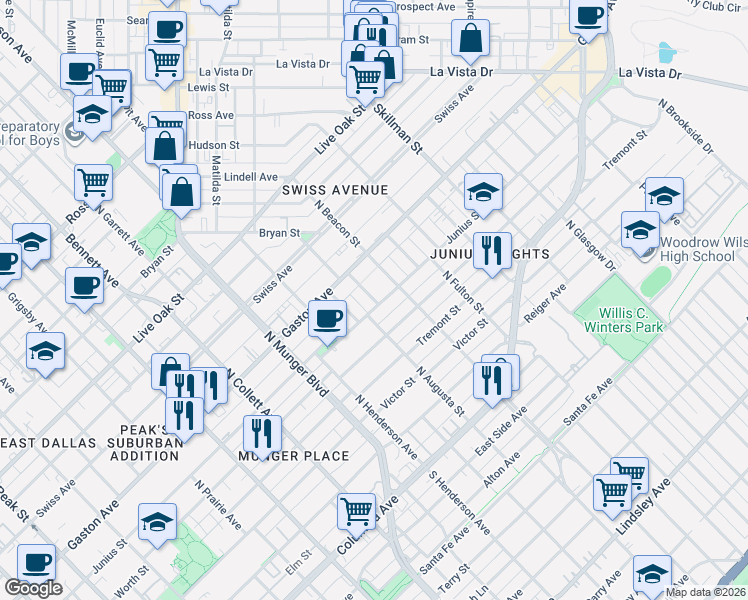 map of restaurants, bars, coffee shops, grocery stores, and more near 722 Parkmont Street in Dallas
