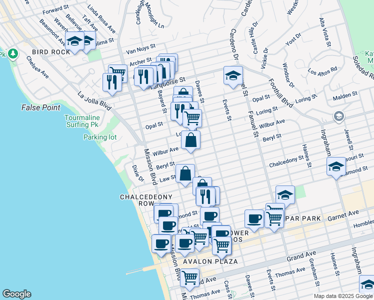 map of restaurants, bars, coffee shops, grocery stores, and more near in San Diego