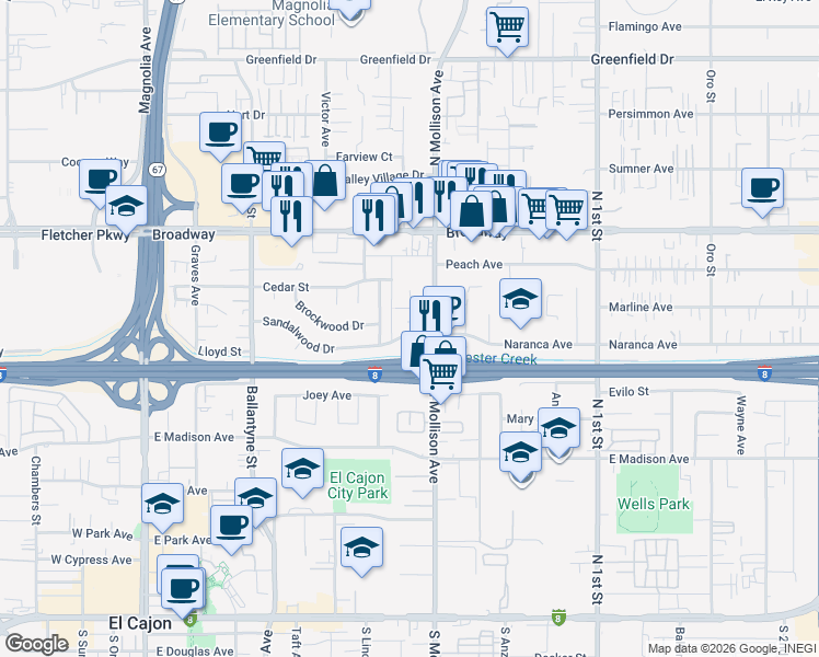 map of restaurants, bars, coffee shops, grocery stores, and more near 748 North Mollison Avenue in El Cajon