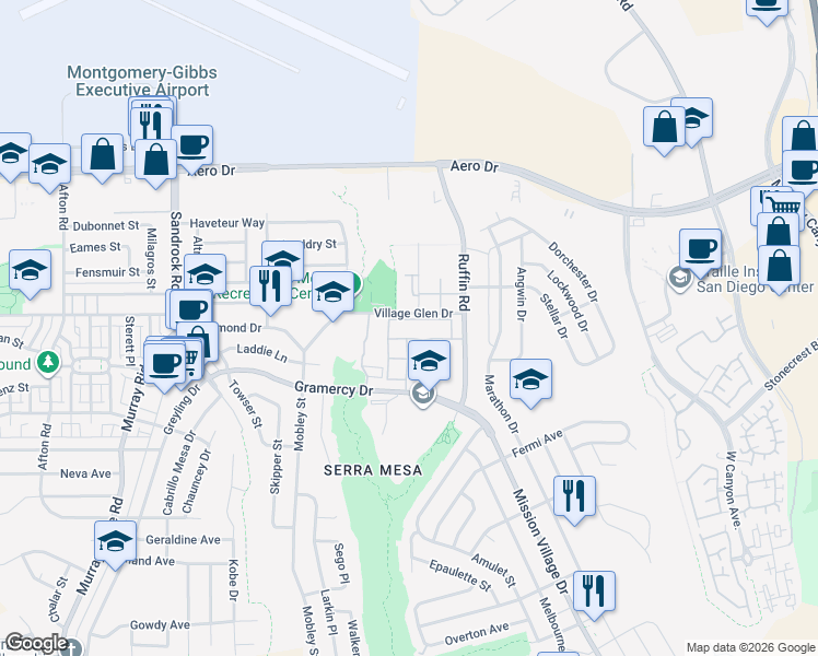 map of restaurants, bars, coffee shops, grocery stores, and more near 9149 Village Glen Drive in San Diego