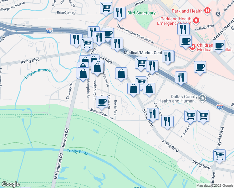 map of restaurants, bars, coffee shops, grocery stores, and more near 4814 Algiers Street in Dallas