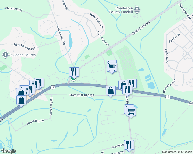 map of restaurants, bars, coffee shops, grocery stores, and more near 3642 Savannah Highway in Johns Island