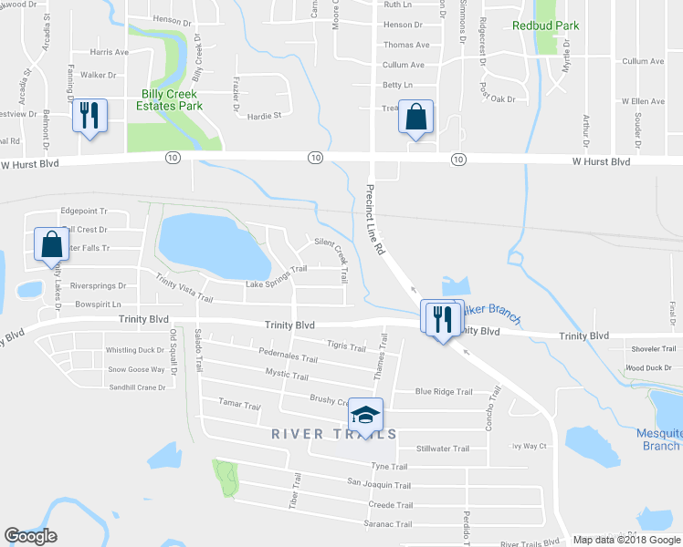 map of restaurants, bars, coffee shops, grocery stores, and more near 8752 Lake Springs Trail in Hurst