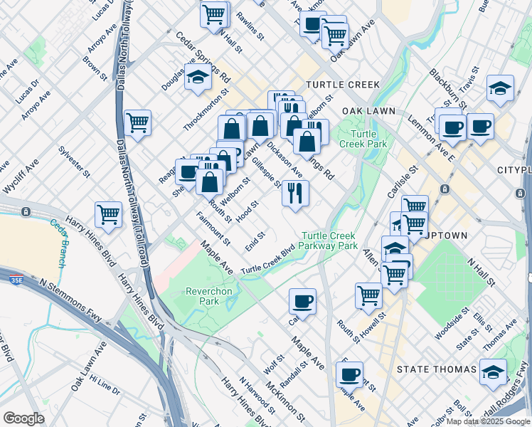 map of restaurants, bars, coffee shops, grocery stores, and more near 2728 Hood Street in Dallas