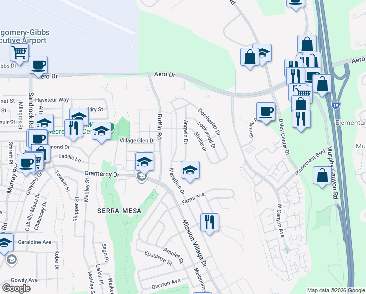 map of restaurants, bars, coffee shops, grocery stores, and more near 3436 Angwin Drive in San Diego