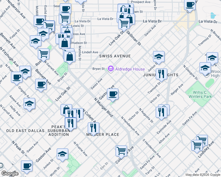 map of restaurants, bars, coffee shops, grocery stores, and more near Gaston Avenue in Dallas