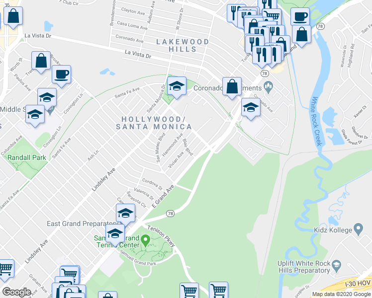 map of restaurants, bars, coffee shops, grocery stores, and more near 1101 Blair Boulevard in Dallas