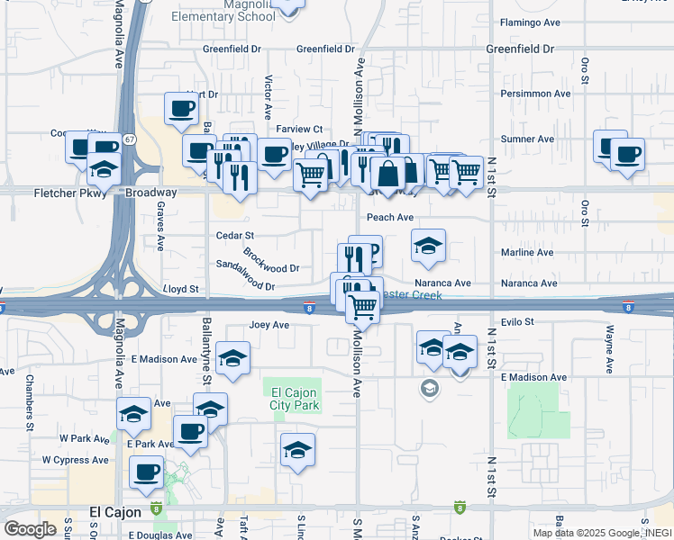 map of restaurants, bars, coffee shops, grocery stores, and more near 748 North Mollison Avenue in El Cajon