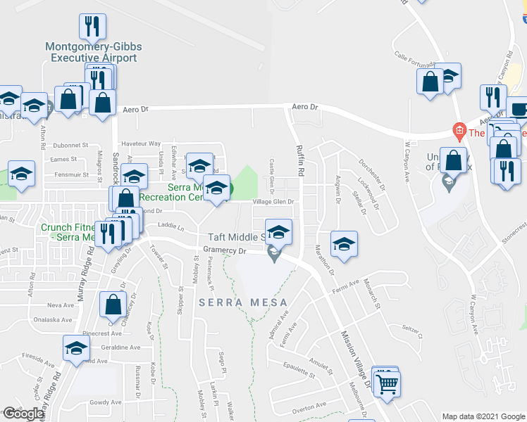 map of restaurants, bars, coffee shops, grocery stores, and more near 3453 Castle Glen Drive in San Diego