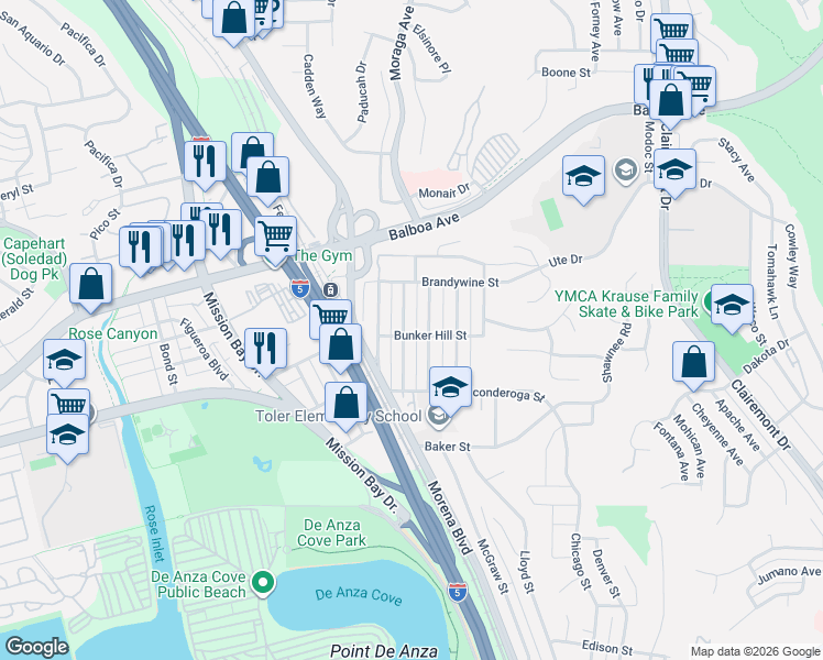 map of restaurants, bars, coffee shops, grocery stores, and more near 3636 Ethan Allen Ave in San Diego