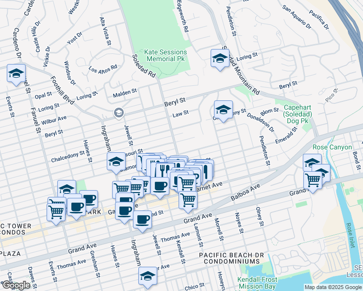 map of restaurants, bars, coffee shops, grocery stores, and more near 1946 Missouri Street in San Diego