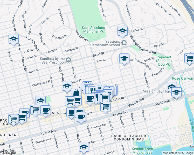 map of restaurants, bars, coffee shops, grocery stores, and more near in San Diego