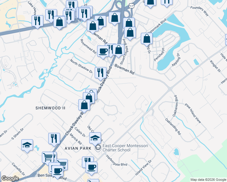 map of restaurants, bars, coffee shops, grocery stores, and more near 1221 State Road S-10-1344 in Mount Pleasant