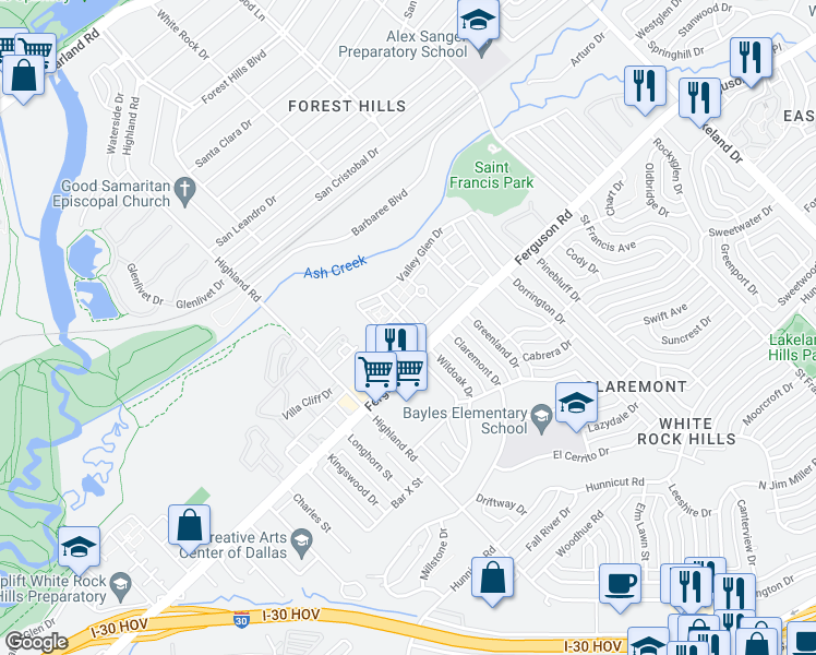 map of restaurants, bars, coffee shops, grocery stores, and more near 2231 Graycliff Drive in Dallas