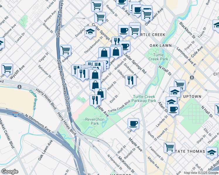 map of restaurants, bars, coffee shops, grocery stores, and more near 2711 Hood Street in Dallas