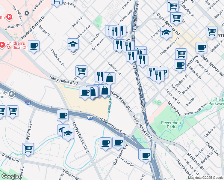 map of restaurants, bars, coffee shops, grocery stores, and more near 2317 Knight Street in Dallas