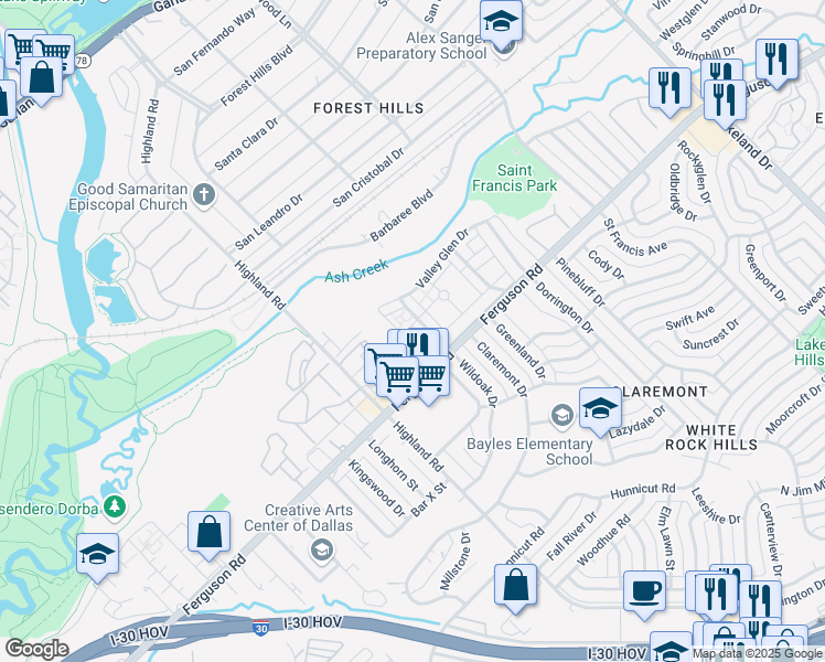 map of restaurants, bars, coffee shops, grocery stores, and more near 2231 Graycliff Drive in Dallas