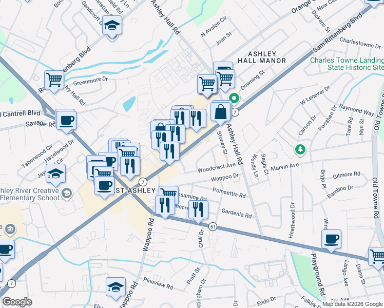 map of restaurants, bars, coffee shops, grocery stores, and more near 1623A Memminger Avenue in Charleston