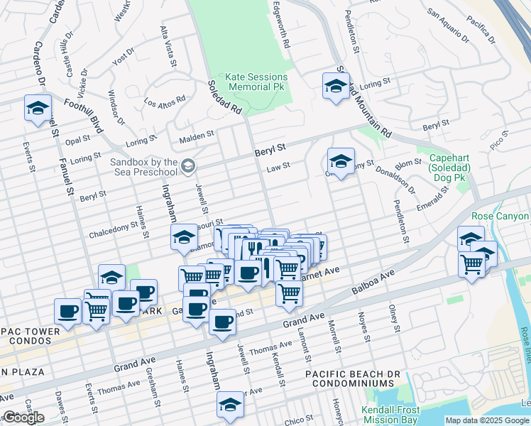 map of restaurants, bars, coffee shops, grocery stores, and more near in San Diego