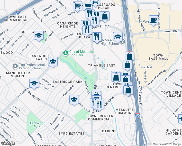 map of restaurants, bars, coffee shops, grocery stores, and more near 2216 John Glenn Parkway in Mesquite