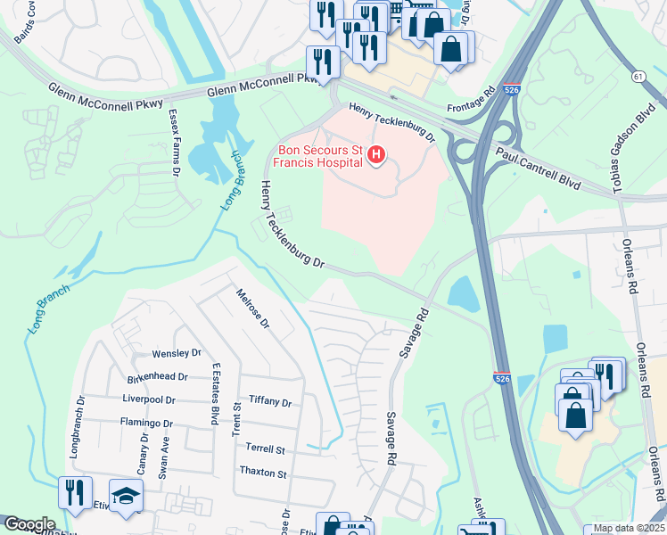 map of restaurants, bars, coffee shops, grocery stores, and more near 2317 Watchtower Lane in Charleston