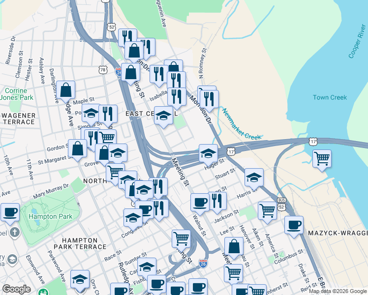 map of restaurants, bars, coffee shops, grocery stores, and more near 351 North Nassau Street in Charleston