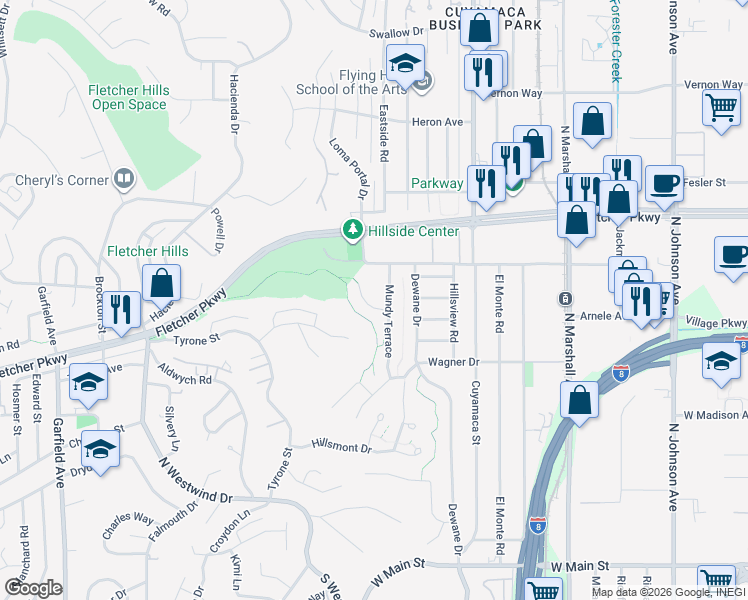 map of restaurants, bars, coffee shops, grocery stores, and more near 1532 Wyatt Place in El Cajon