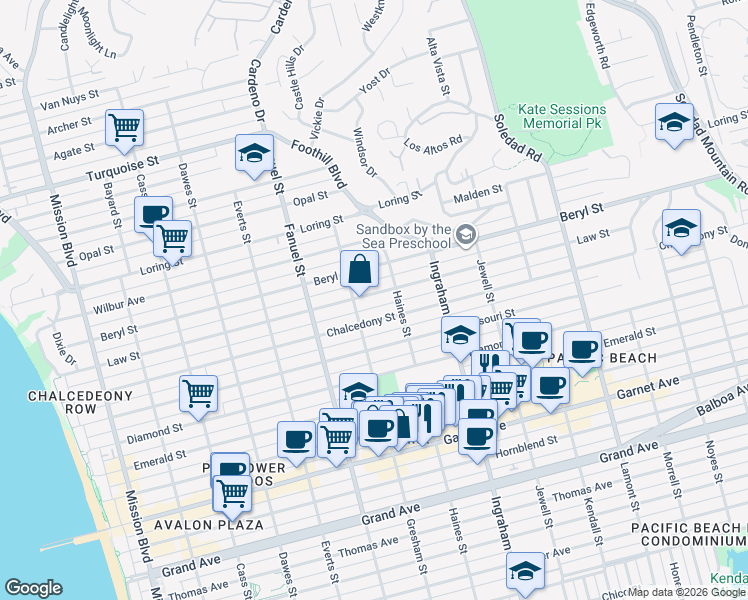 map of restaurants, bars, coffee shops, grocery stores, and more near 1437 Law Street in San Diego
