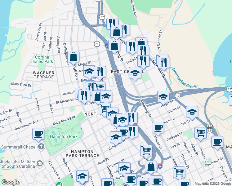 map of restaurants, bars, coffee shops, grocery stores, and more near 27 Poinsett Street in Charleston