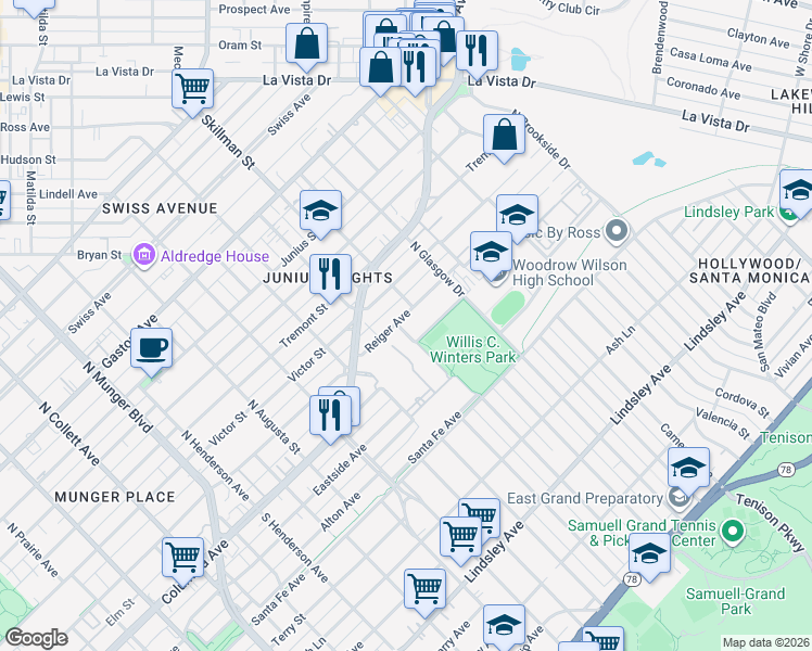 map of restaurants, bars, coffee shops, grocery stores, and more near 5820 Reiger Avenue in Dallas