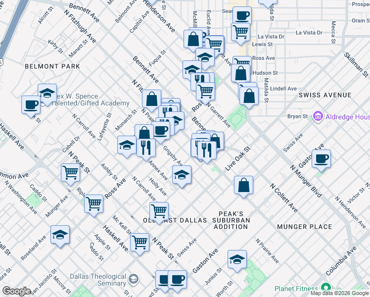 map of restaurants, bars, coffee shops, grocery stores, and more near 104 San Jacinto Street in Dallas