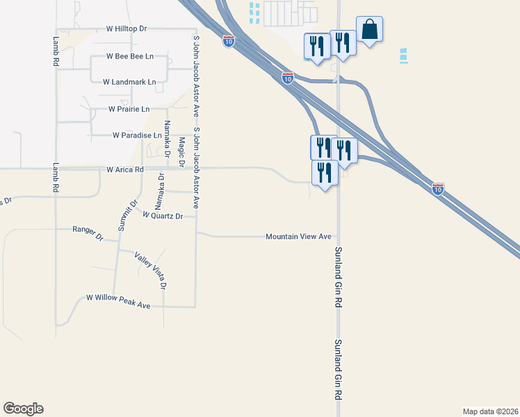 map of restaurants, bars, coffee shops, grocery stores, and more near 10160 West Arica Road in Casa Grande