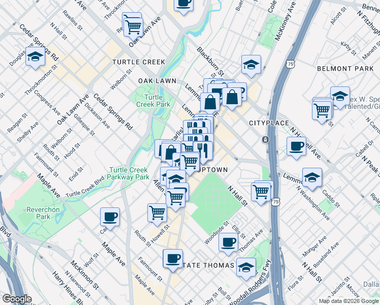 map of restaurants, bars, coffee shops, grocery stores, and more near 3309 McKinney Avenue in Dallas