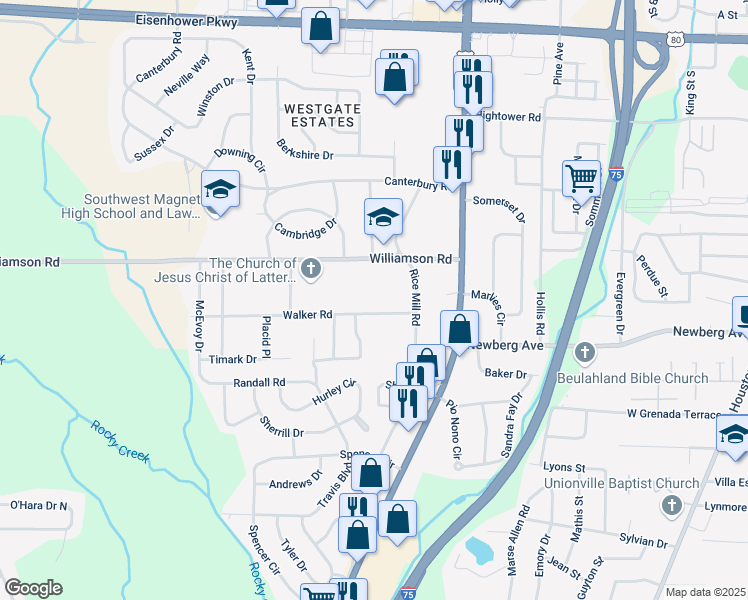 map of restaurants, bars, coffee shops, grocery stores, and more near 1475 Walker Rd in Macon